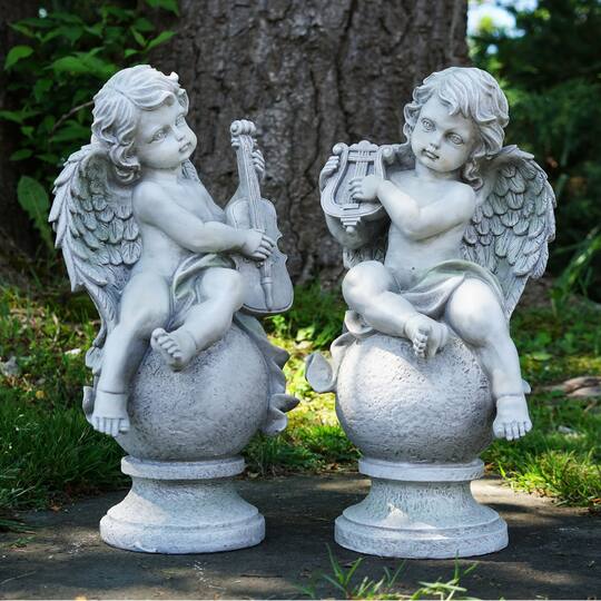 14.75" Gray Cherub Angels with Violin & Harp Sitting on Finials Outdoor Garden Statues